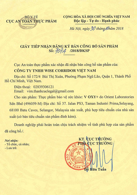 giấy chứng nhận của V oxy 